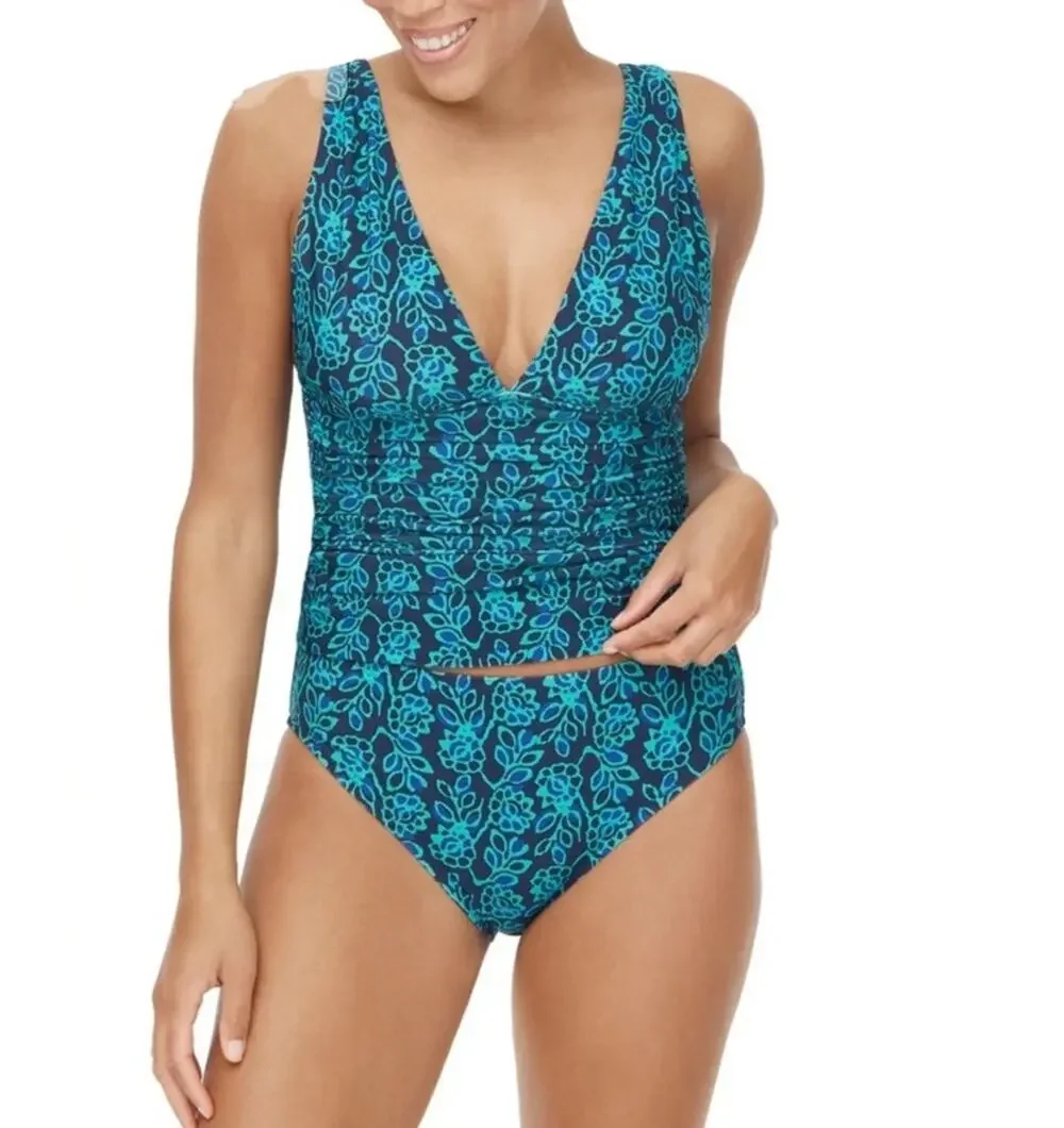 J.Crew Ruched Plunge Tankini Top WMNS M Blue Floral Print Lined Adjustable Strap